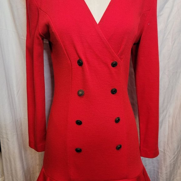 Vintage 80s Drop Waist Tiered Ruffle Dress Red Retro Button Down Sz 7/8 Cocktail - Picture 4 of 16